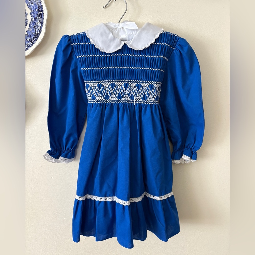 Rare Vintage Blue Smocked Girls Dress